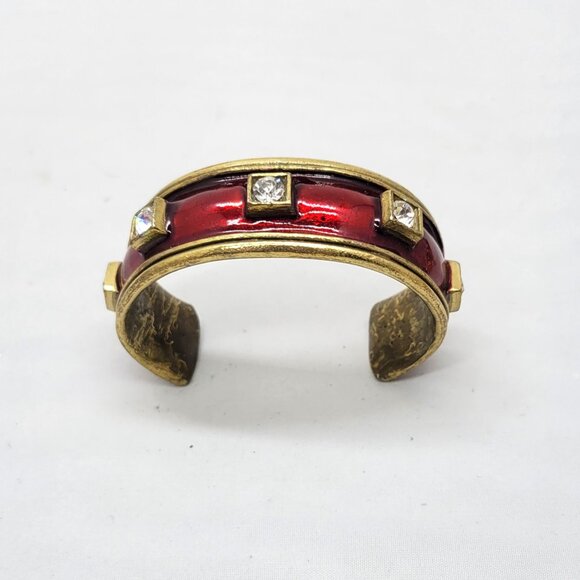 Vintage 1980s Signed Gerard Yosca Red Enamel & Clear Rhinestone Cuff Bracelet - Picture 3 of 8